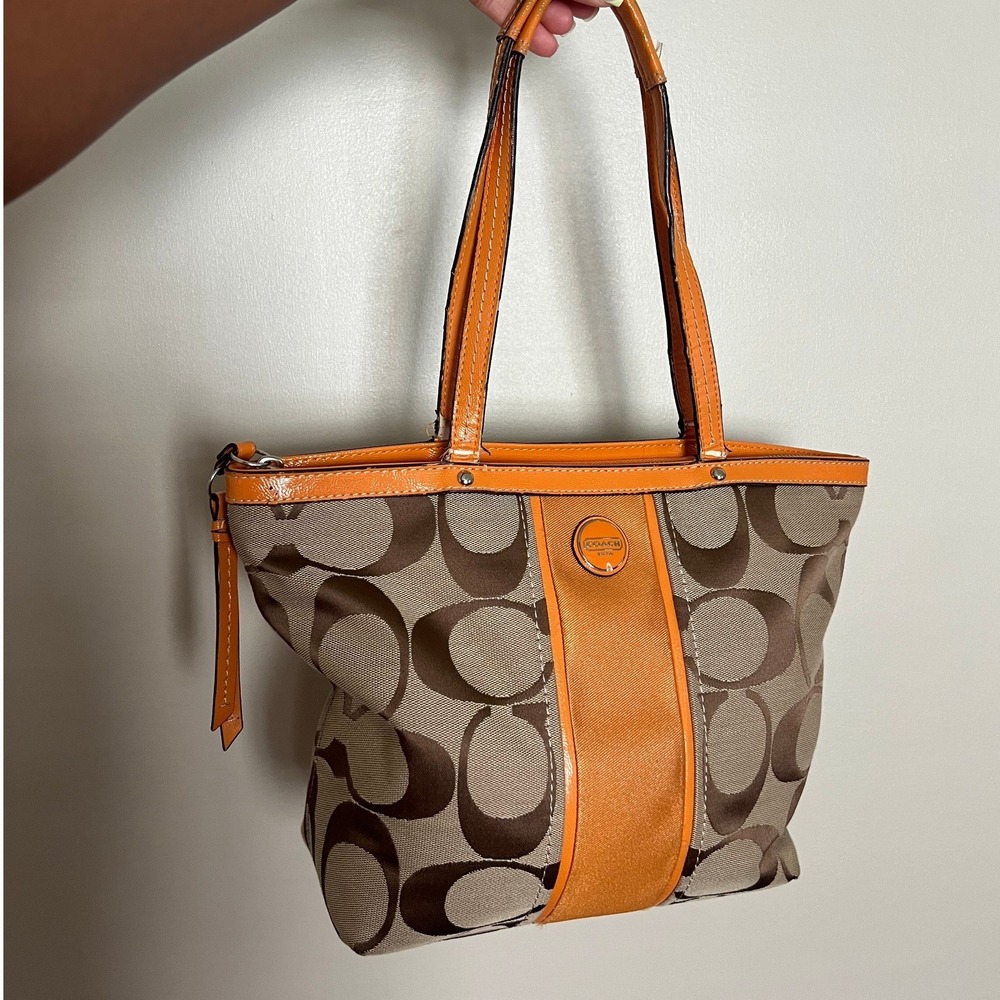 Coach Signature Gallery Tote Bag Orange Brown Monogram Canvas Shoulder Bag